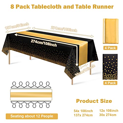 8Pack Disposable Plastic Tablecloths and Satin Table Runner Set Black Gold Dot Table Cloth Gold Satin Table Runner for Graduation Wedding Birthday Baby Shower Anniversary Holiday Party Decorations by MASHAN - Used condition - Image 2