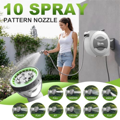 Image of Silvel Automatic Retractable Garden Hose Reel, 1 /2 inch x 110ft Wall Mount, 12V 2.5Ah Battery Powered & Button-type Length Control,Heavy Duty Hose Reel with 10 Pattern Nozzle, Upgraded UV Resistant