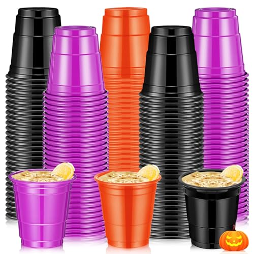 Roshtia 100 Pcs 2 oz Halloween Plastic Shot Cups, Purple, Orange, Black