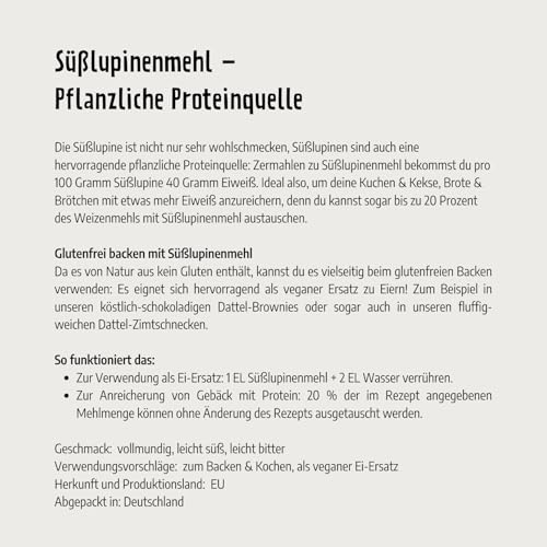 Govinda Süßlupinenmehl (600g) | 40 % pflanzliches Protein | glutenfrei, vegan & eiweißreich | ideal zum Backen & Kochen | Ei-Ersatz | aus der EU, abgefüllt in Deutschland