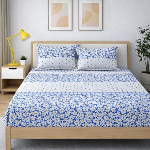 Image of 350 TC Premium Heavy Cotton Feel Elastic Fitted Bedsheet King Size with 2 Pillow Covers || Double Bed with All Around Elastic (White Lily1, Fitted - 72 inchx78 inch King)