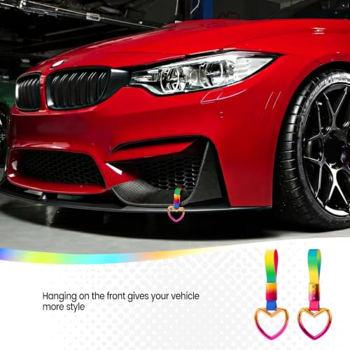 Image of 2PCS Heart Shaped Car Handle Straps, Rear Bumper Warning Keychain Ring for Car Exterior Accessories (Chrome Rainbow Heart - Rainbow)