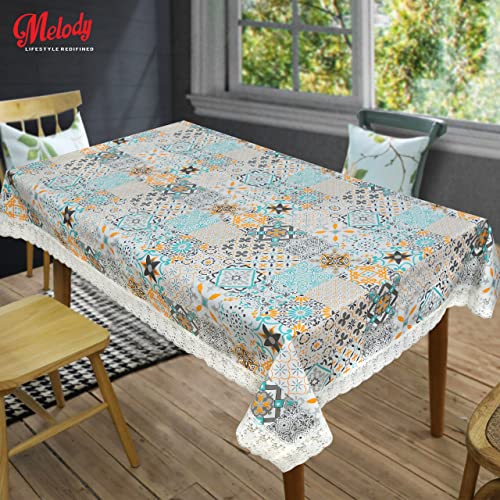Image of OrientalWeavers Melody PVC Dining Table Cover, 6 Seater Rectangle Shape Table Cover with White Side Trim Lace (137 cm X 198 cm), 54 inch X 78 inch