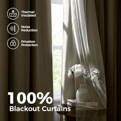 Image of 100% Blackout Curtains for Bedroom, Double Layer Beige Curtains, Black Out Curtain 108 inch long With Sheer Overlay for Living Room, Room Darkening Window Drapes with Grommet, 52 inchW x 108 inchL