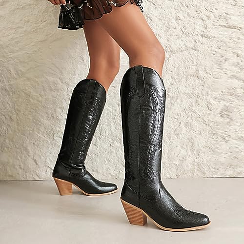 MRKEWUNEY Cowboy Laarzen voor dames Wide Calf Cowgirl Knee Hoge Laarzen Metallochrome Western Laarzen - Afbeelding 4