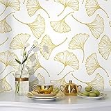 CiCiwind 17.3In×118In Peel and Stick Wallpaper Gold and White Contact Paper Removable Self Adhesive Wallpaper Modern Gold Ginkgo Leaves Wallpaper for Walls Covering Cabinets Decorative Bedroom