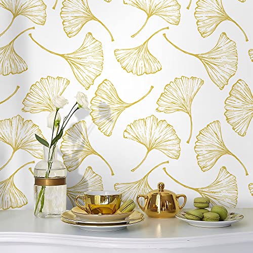 17.3In×118In Peel And Stick Wallpaper Gold And White Contact Paper Removable Self Adhesive Wallpaper Modern Gold Ginkgo Leaves Wallpaper For Walls Covering Cabinets Decorative Bedroom Vinyl Film #TOP15