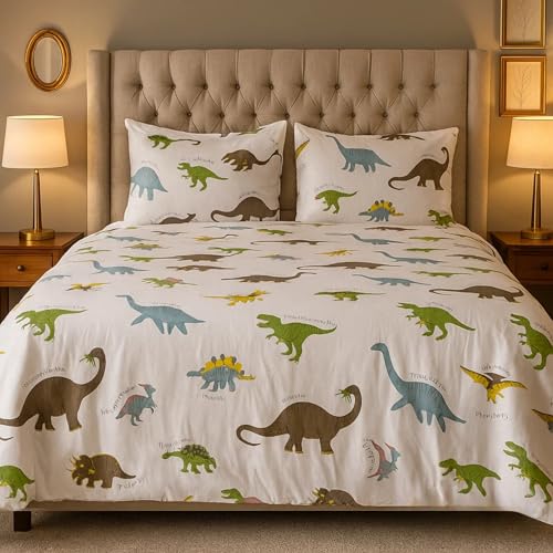 Image of Famyo Kids King Size Bedsheet Set with Comforter Cover, Dino Park | 4-Piece Set, 250 TC Fitted Bedsheet, 2 Pillow Covers, 72 x 78 in, White Dino Park Design, Soft Kids Bedding