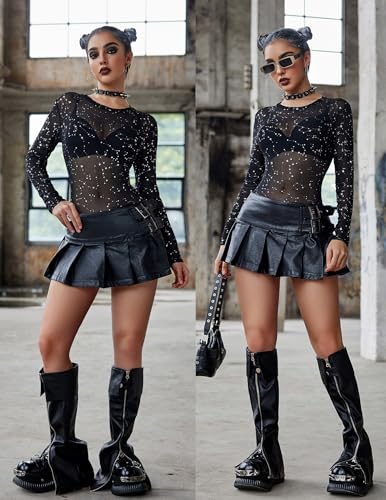 Image of Avidlove Womens Mesh Long Sleeve Bodysuit Round Neck Sheer Leotards Geo Print Bodysuit Top with Snap Crotch