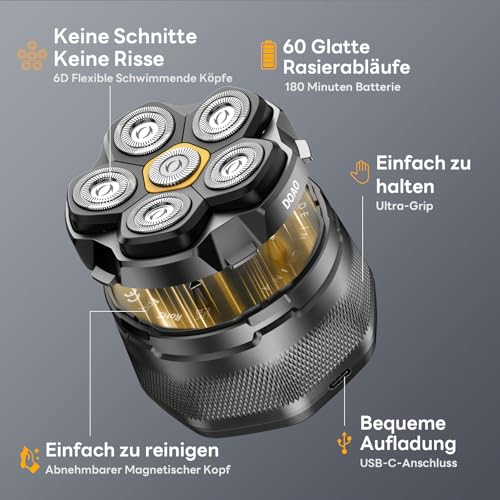Glatzen Rasierer Herren, DOAO 2025 Verbessert wasserdicht 6D Flexibler Glatzenrasierer, Magnetische Schwebender Kopf, Nass und Trocken, Reise-Essentials, USB-C-Anschluss