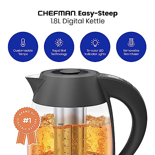 Chefman Rapid Boil 1.8L Digital Kettle, Custom Steep Timer, Temperature Presets & Tea Infuser, Matte Black, 1500W
