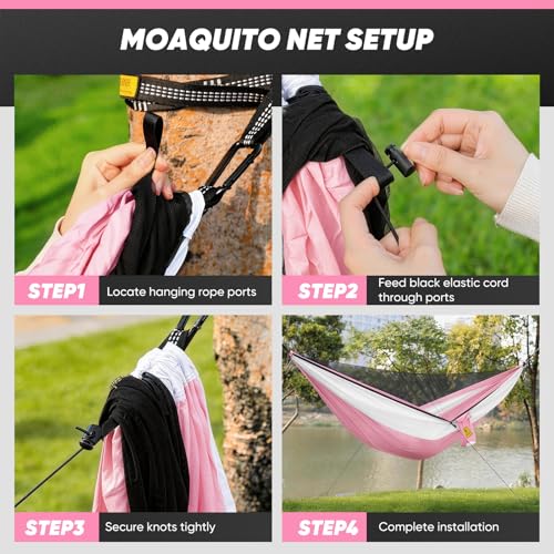 Image of Small Camping Hammock with Mosquito Net, 450 lbs Portable Hammock with Tree Straps, 2-in-1 Double /Single Travel Hammocks, Hammock for Outside /Indoor /Backpacking /Beach - Pink & White