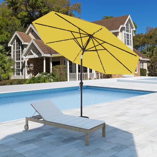 Image of 9FT Patio Umbrella with Solar Lights,Outdoor Market Umbrella with Tilt and Crank, LED Lighted Table Umbrella for Garden,Deck,Backyard,Pool,Beach (Yellow)