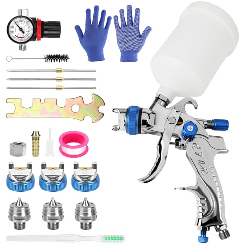 Paint Spray Gun Kit with 3 Nozzles (1.4 mm/1.7 mm/2.0 mm), Pressure Gauge, Paint Cup and Accessories for Precise Painting, Air Spray Guns, Paint Spray System for Fences, Ceilings, Wall Painting