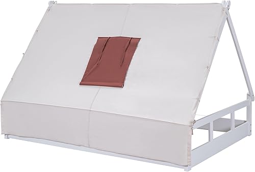Miniatura 6 de Harper & Bright Designs Marco de cama de tamaño matrimonial para niños, cama de madera con tela, marcos de cama para niños con valla y techo, cama