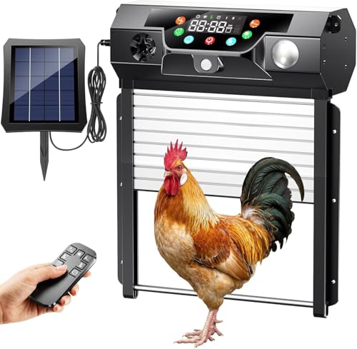 Automatic Chicken Coop Door Solar Powered Chicken Coop Door Automatic with Timer Light Sensor & Remote Control Roll-Up Anti-Jam Aluminum Chicken Door LCD Display Weatherproof for Poultry Coop