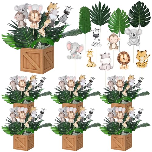 Weekgrat 6 Set Baby Jungle Animals Party Table Centerpiece Decorations Include Cassette Tape Bucket Centerpiece Sticks Table Toppers Photo Booth Props with Paper Decor for Party