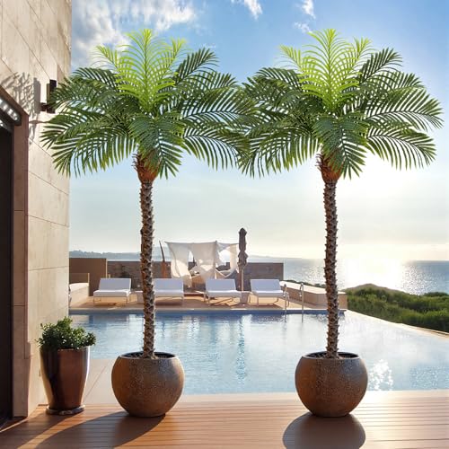 Image of 7ft Tall Artificial Phoenix Palm Tree for Outdoor Indoor Decor, Large Faux Coconut Silk Palm Tree Tropical Fake Tree Perfect for Outside Patio Poolside Home Office Decor (Set of 2)