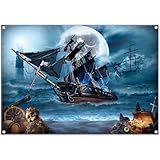 Luminora Halloween-Hintergrund mit Piratenschiff, nautischem Abenteuer, Meereswellen, Meereslandschaft, Segelschiff, Schatzdekoration, Kinderparty, Fotobanner, 2,1 x 1,5 m