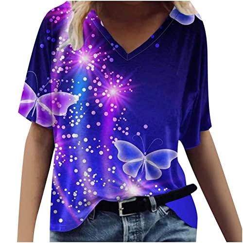 Womens Tops Summer Trendy Floral Butterfly Print Graphic Tees Casual Short Sleeve T Shirt Comfy Pullover Blouse Tunic