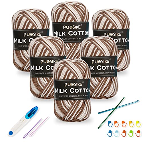 Hilo de tejer de ganchillo, 6 × 50 g de doble lana de algodón, 100% acrílico, 5 capas, con accesorios de tejer para mantas, prendas de bebé, tejer, tejer y ganchillo proyecto (Khaki) Cover