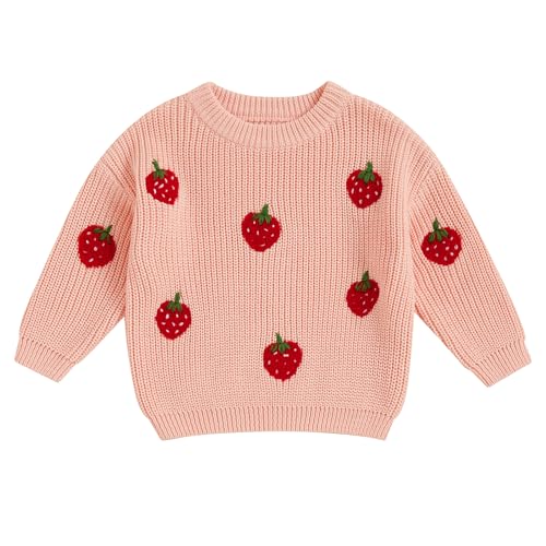 Toddler Baby Girl Knit Sweater Strawberry Long Sleeve Pullover Sweatshirt Oversized Tops Warm Fall Winter Clothes (Pink, 12-18 Months)