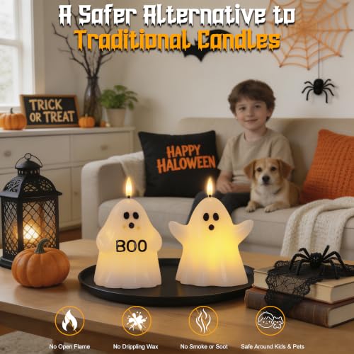 Image of Halloween Flameless Candles with Remote, Ghost Battery Operated Candles Wax | Flickering LED Fake Candle, Timer, Dimmer, Flickering Mode, Halloween Decor for Table, Fireplace, Home, Party, Festival