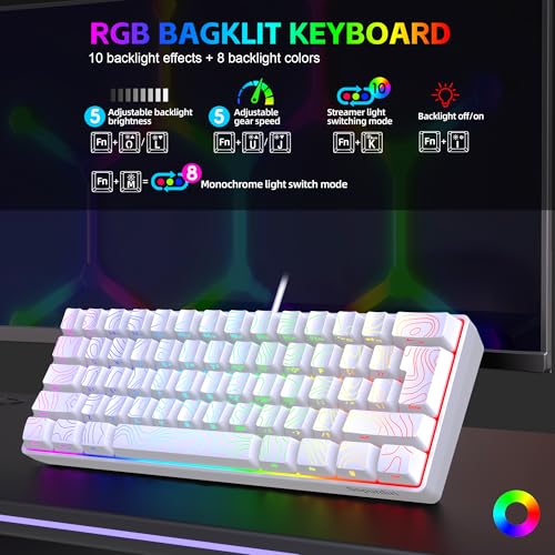 Image of Snpurdiri 60% Wired Gaming Keyboard, 61 Keys RGB Contour Line (White) | Backlit Ultra-Compact Small Gaming Keyboard for PC /Mac Gamer, Typist, Travel, Easy to Carry on Business Trip