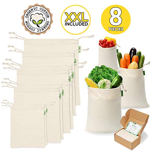 ECO JOY Reusable Produce Bags, XXL Organic Cotton Muslin Bags, 8pcs