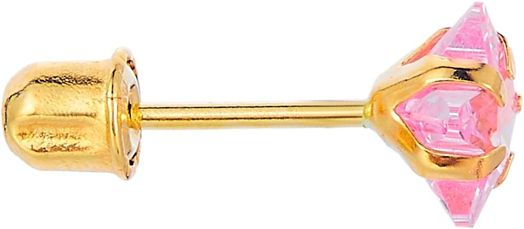 14k REAL Yellow Gold Peg Head Set Pink Star Solitaire CZ Stud Earrings with Screw Back - Image 3