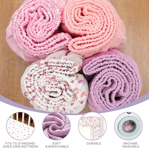 Image of Mindsoft 4 Pack Muslin Baby Crib Sheets Soft Breathable, Purple Butterfly