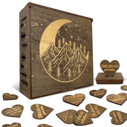 Image of Positive Affirmations Box | Mountain Themed Engraved Wood Box with 72 Positive Affirmation Heart Cutouts | Daily Motivational Gift for Women