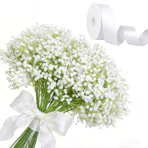 Gansdnek 20 Stück Schleierkraut Künstlich 29 cm Künstlich Gypsophila Weiße Künstliches Schleierkraut Artificial Schleierkraut mit 22M Satinbänder für Brautstrauß Hochzeit Zuhause Deko