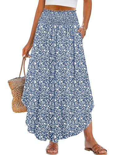 Image of ANRABESS Women's Maxi Skirts Summer Boho Floral High Waisted Flowy Swing Pleated Beach Long Skirt with Pockets