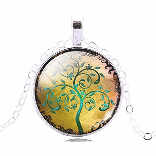 Yellow Green Tree of Life Glass Cabochon Art Picture Round Pendant Necklace, 20-22 Inches Chain