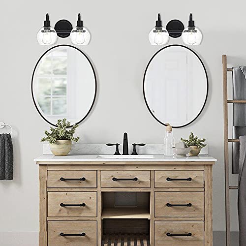 Image of Black 2-Lights Wall Sconce Lighting with Seeded Glass Lampshades Industrial Bathroom Vanity Light Fixtures for Hallway Kitchen Bedroom