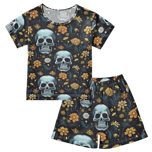ALAZA Skull Yellow Floral Pajama Set Short Sleeve Sleepwear Soft Lounge Nightwear