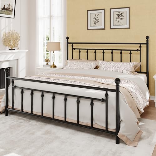 Image of SHA CERLIN 14 inch King Size Metal Platform Bed Frame /Victorian Headboard and Footboard /Steel Slats Mattress Foundation for Storage /No Box Spring Needed /Noise Free /Black