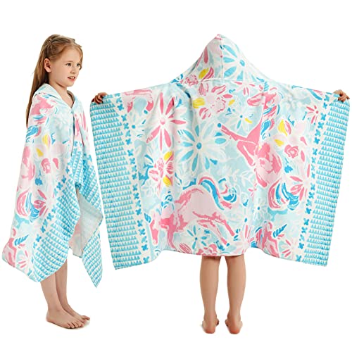 Girls' Hooded Bath Towel, Oversized 50' L x 30' W for Ages 3 to 12 Kids, Quick Dry Lightweight Soft Microfiber Hood Beach Towel Cover Up, Sunshine Unicorn Theme