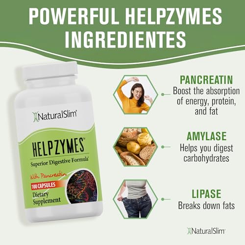 NaturalSlim Digestive Enzymes for Women & Men - Helpzymes Essential Enzymes for Digestion, Gut Health, Gas Bloating Relief with Bromelain, Ox Bile, Pancreatin. & Betaine HCL - 100 Capsules Solo