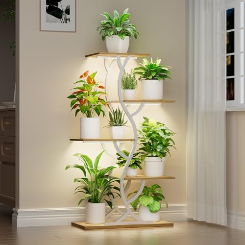 Image of Plant Stand Indoor with Grow Lights - 5 Tiered Corner Plant Shelves (White) | 44 inch Tall Metal Plant Shelf, S-Shape Lighted Flower Holder Dispaly Rack for Living Room, Home, Patio, Balcony