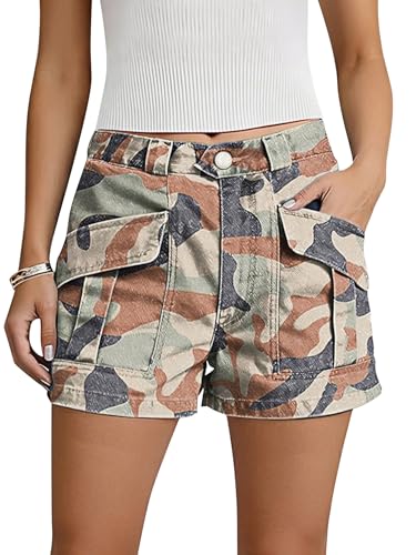 Flamingals Straight Leg Shorts for Women Mid Waist Camo Print Patched Pocket Casual Denim Shorts Camo M