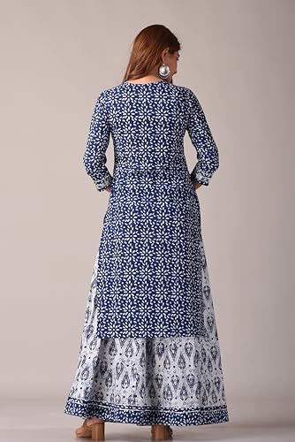 Image of KANNAHI Women Pure Cotton Blue and Rust Ethnic Motif Ajrakh Handblock Printed Kurta Set