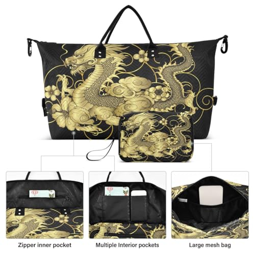Gold Japanese Dragon Travel Duffle Bag Gym Bag Weekender Bags with Toiletry Bag Travel Trip Tote Bag2