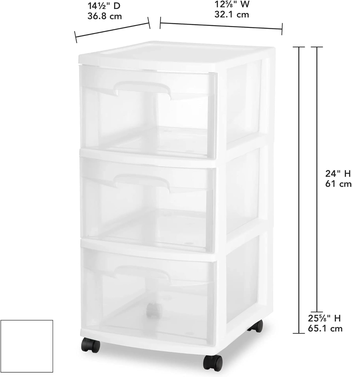 Plastic Storage Drawer Cart, Medium Home Organization Storage Container with 3 Large Drawers w/Removeable Wheels，Set of 1 (White) - Image 3