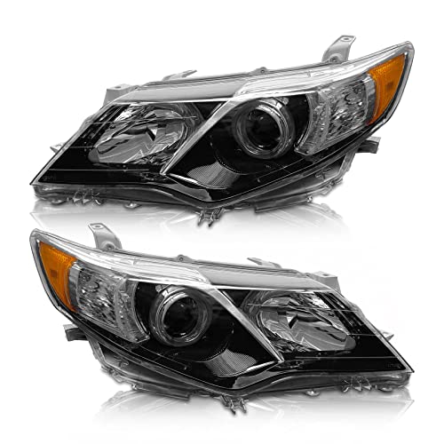 AS Headlights Assembly Replacement for 2012 2013 2014 Toyota Camry L/Se/Le/Xle/Hybrid Black Housing Amber Reflector Clear Lens Driver and Passenger Side