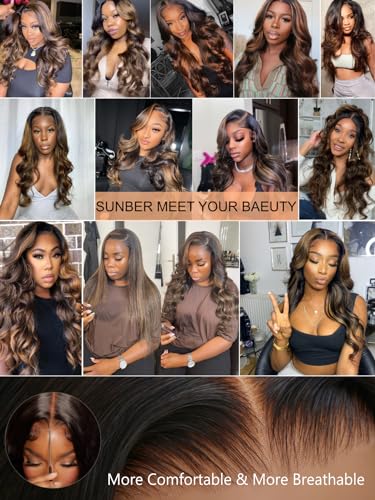 Image of Sunber Ombre Highlight Bye Bye Knots 7x5 Lace Front Glueless Human Hair 22 inch | Balayage Wavy Pre Everything Put On Go Pre Bleached Invisible Knots 150% Density