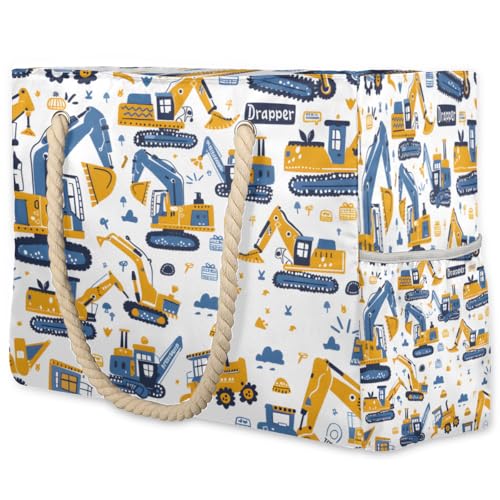 Yellow Excavator Pattern Large Beach Bag Waterproof Beach Bag for Women Oversized Sandproof Beach Tote Bag with Zipper for Gym Travel Daily Pool Bag Big Tote