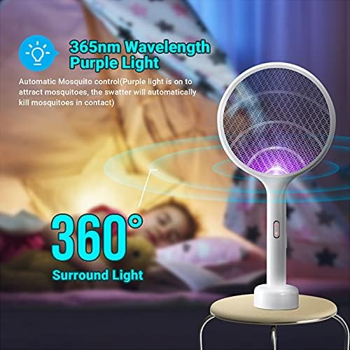 Miniatura 4 de YISSVIC Matamoscas eléctrico de 4000 V, raqueta matamoscas de insectos de doble modo con luz de mosquitos morada recargable para interiores, hogar,