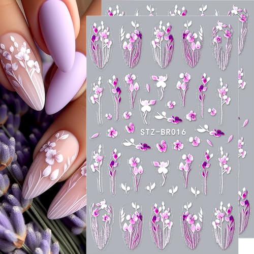 4 Sheet Flower Nail Stickers for Nail Art Stickers Flowers Wisteria Flower Nail Decals Purple Blossoms Petal Sticker Nails Spring Summer Floral Nail Sticker Design Decor Nails Supplies Accessories